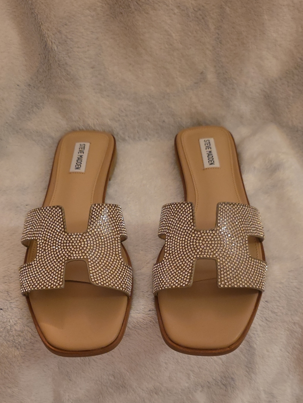 Steve Madden Tan Slide Sandals with Crystal-Embellished Straps